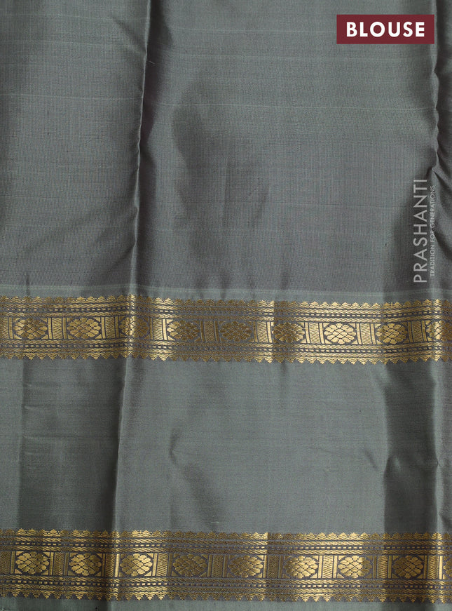 Pure kanchipuram silk saree wine shade and greyish green with allover zari checked pattern and rettapet zari woven border