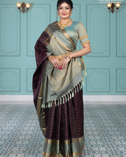 Pure kanchipuram silk saree wine shade and greyish green with allover zari checked pattern and rettapet zari woven border
