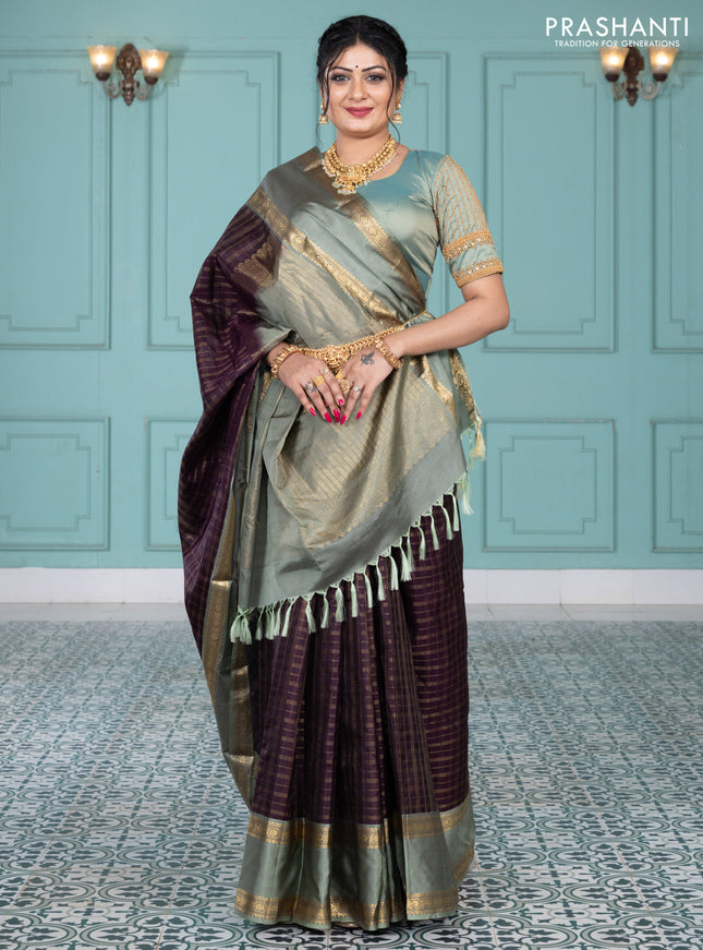 Pure kanchipuram silk saree wine shade and greyish green with allover zari checked pattern and rettapet zari woven border