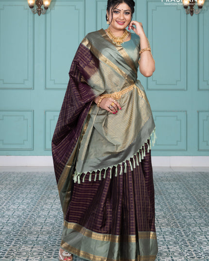 Pure kanchipuram silk saree wine shade and greyish green with allover zari checked pattern and rettapet zari woven border