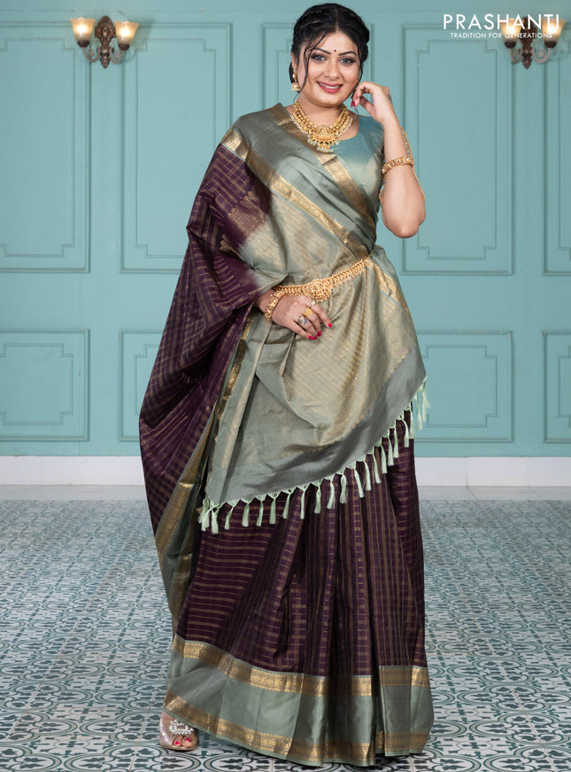 Pure kanchipuram silk saree wine shade and greyish green with allover zari checked pattern and rettapet zari woven border