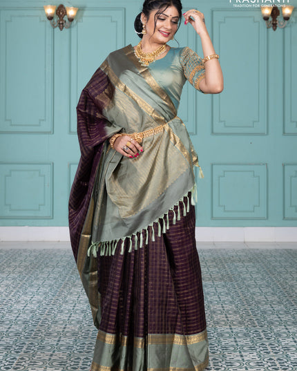 Pure kanchipuram silk saree wine shade and greyish green with allover zari checked pattern and rettapet zari woven border