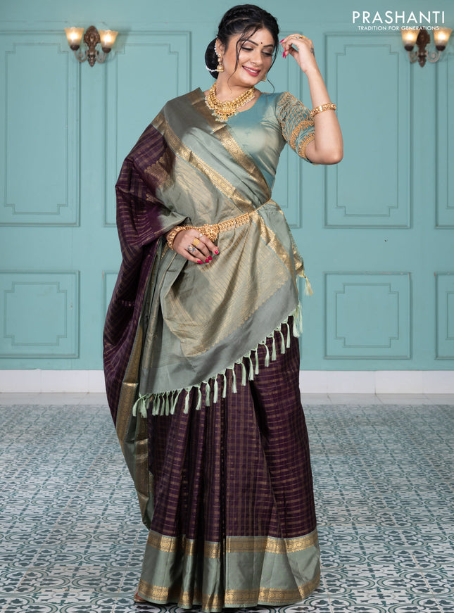 Pure kanchipuram silk saree wine shade and greyish green with allover zari checked pattern and rettapet zari woven border