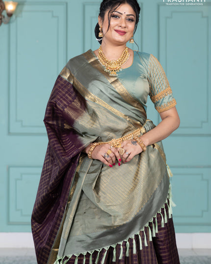 Pure kanchipuram silk saree wine shade and greyish green with allover zari checked pattern and rettapet zari woven border