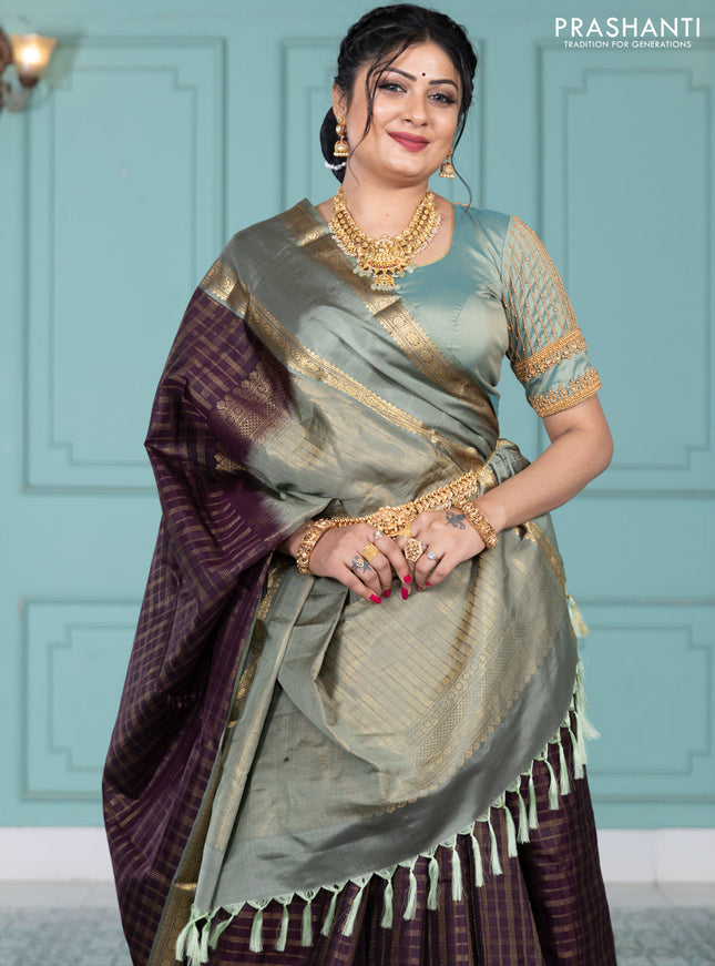 Pure kanchipuram silk saree wine shade and greyish green with allover zari checked pattern and rettapet zari woven border