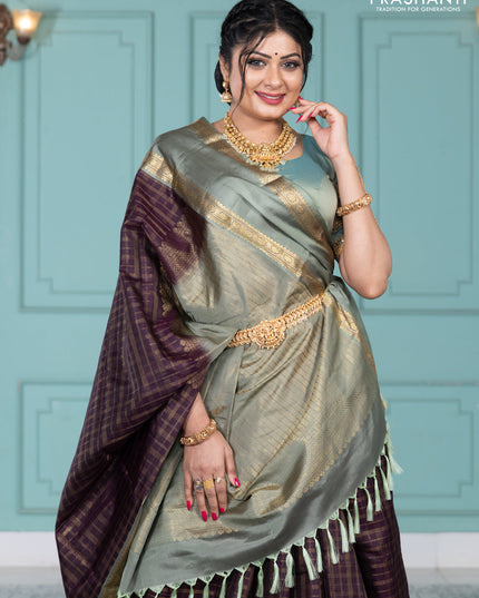Pure kanchipuram silk saree wine shade and greyish green with allover zari checked pattern and rettapet zari woven border