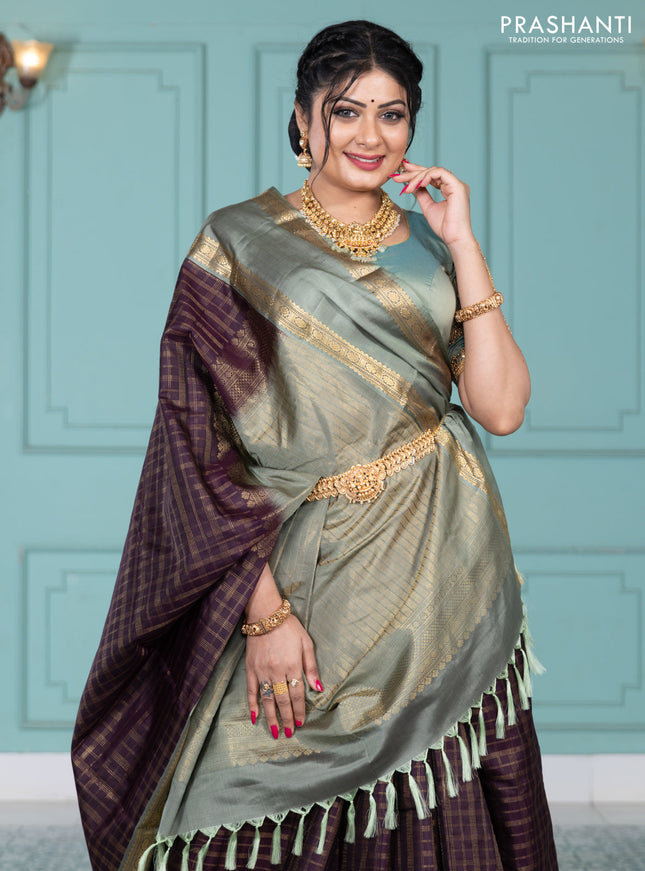 Pure kanchipuram silk saree wine shade and greyish green with allover zari checked pattern and rettapet zari woven border
