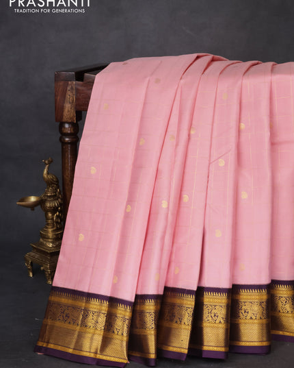 Pure kanchipuram silk saree peach pink and purple with allover zari checks & paisley buttas and elephant & annam zari woven border