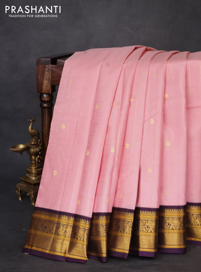 Pure kanchipuram silk saree peach pink and purple with allover zari checks & paisley buttas and elephant & annam zari woven border