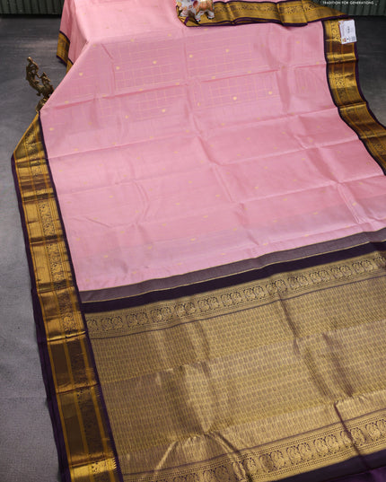 Pure kanchipuram silk saree peach pink and purple with allover zari checks & paisley buttas and elephant & annam zari woven border