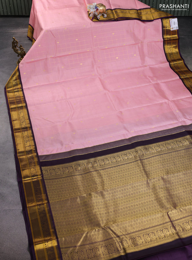 Pure kanchipuram silk saree peach pink and purple with allover zari checks & paisley buttas and elephant & annam zari woven border