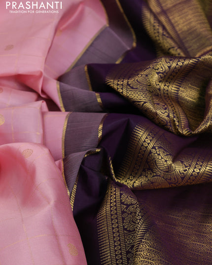 Pure kanchipuram silk saree peach pink and purple with allover zari checks & paisley buttas and elephant & annam zari woven border