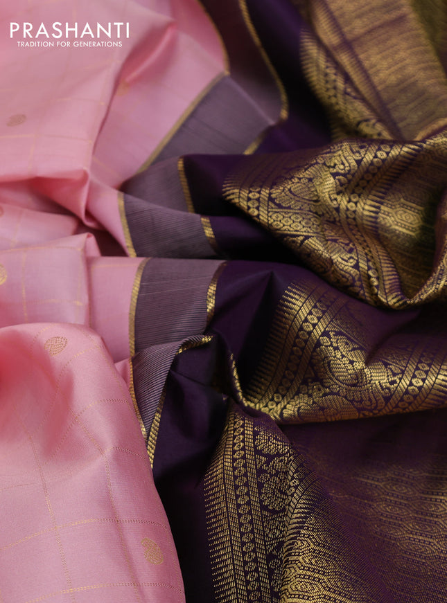 Pure kanchipuram silk saree peach pink and purple with allover zari checks & paisley buttas and elephant & annam zari woven border