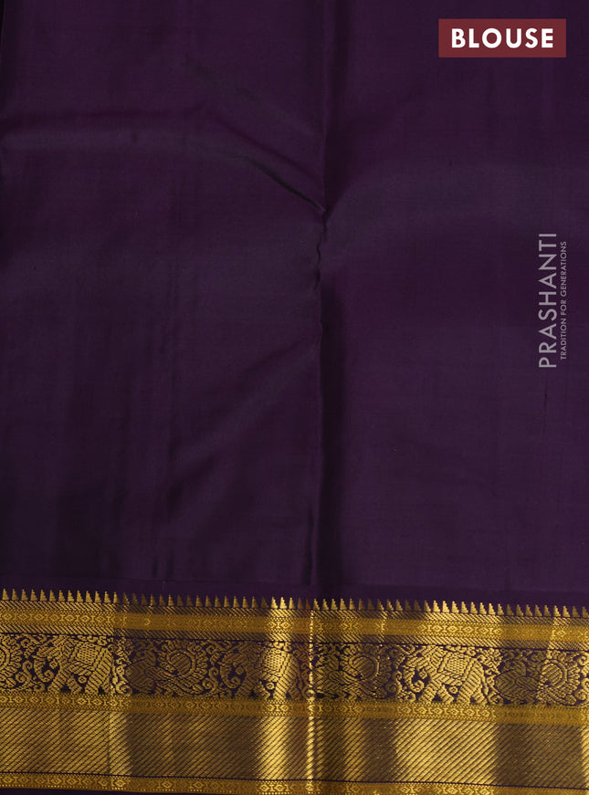 Pure kanchipuram silk saree peach pink and purple with allover zari checks & paisley buttas and elephant & annam zari woven border