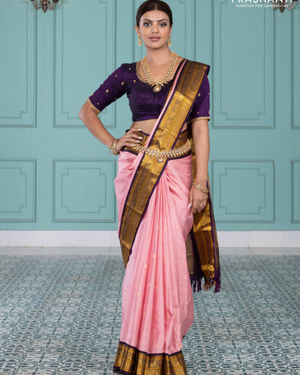Pure kanchipuram silk saree peach pink and purple with allover zari checks & paisley buttas and elephant & annam zari woven border