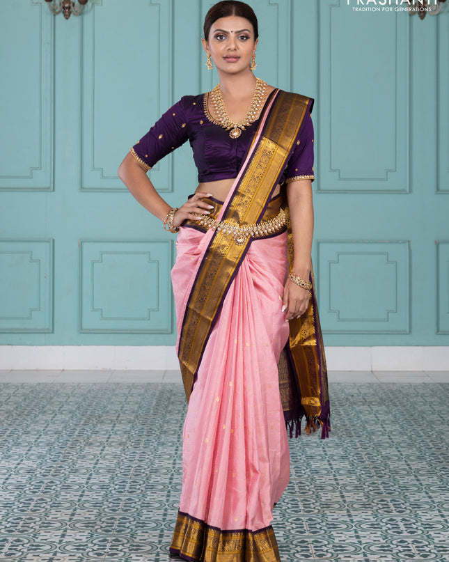 Pure kanchipuram silk saree peach pink and purple with allover zari checks & paisley buttas and elephant & annam zari woven border