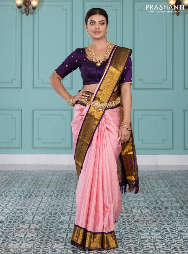 Pure kanchipuram silk saree peach pink and purple with allover zari checks & paisley buttas and elephant & annam zari woven border