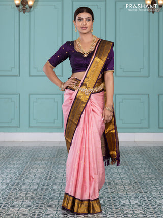 Pure kanchipuram silk saree peach pink and purple with allover zari checks & paisley buttas and elephant & annam zari woven border