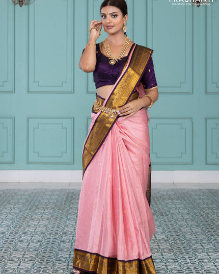Pure kanchipuram silk saree peach pink and purple with allover zari checks & paisley buttas and elephant & annam zari woven border