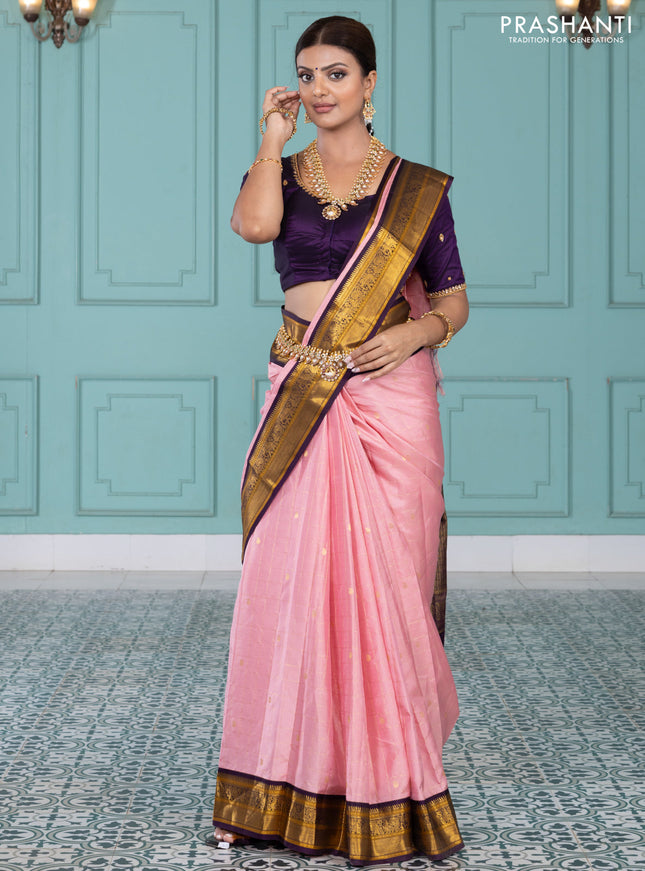 Pure kanchipuram silk saree peach pink and purple with allover zari checks & paisley buttas and elephant & annam zari woven border