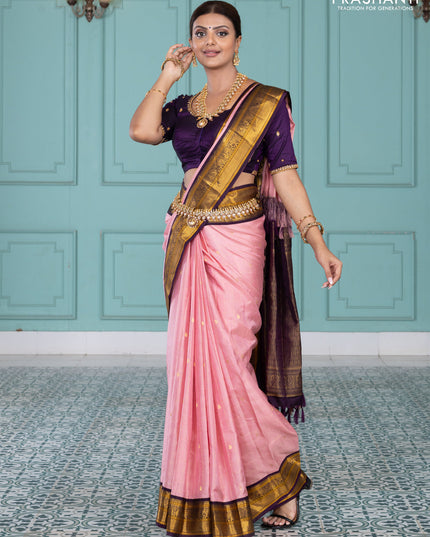 Pure kanchipuram silk saree peach pink and purple with allover zari checks & paisley buttas and elephant & annam zari woven border