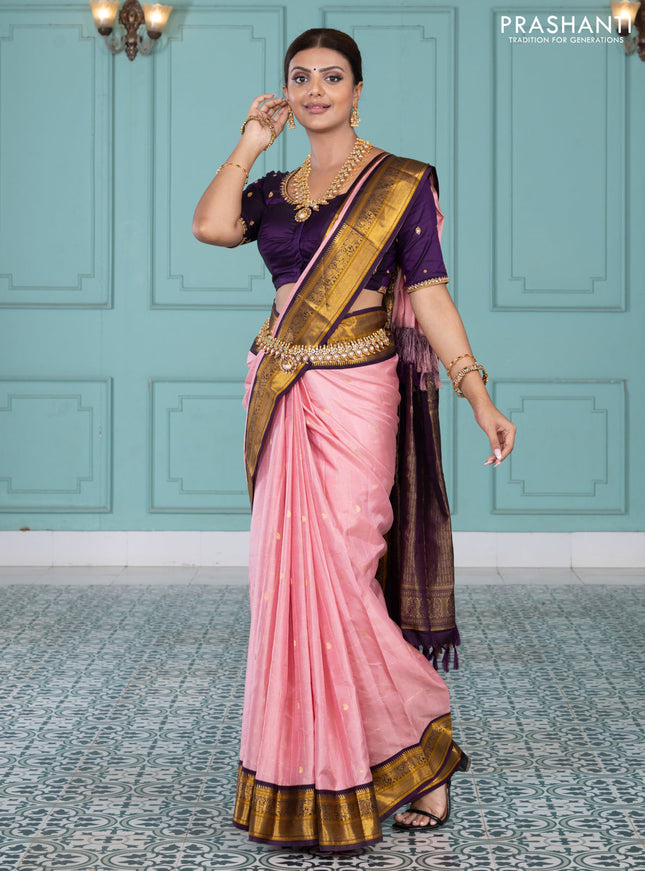 Pure kanchipuram silk saree peach pink and purple with allover zari checks & paisley buttas and elephant & annam zari woven border