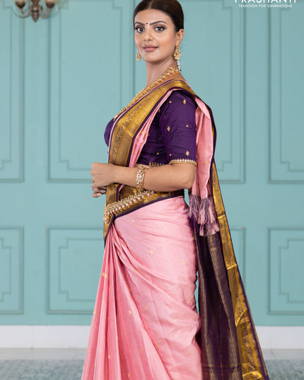 Pure kanchipuram silk saree peach pink and purple with allover zari checks & paisley buttas and elephant & annam zari woven border