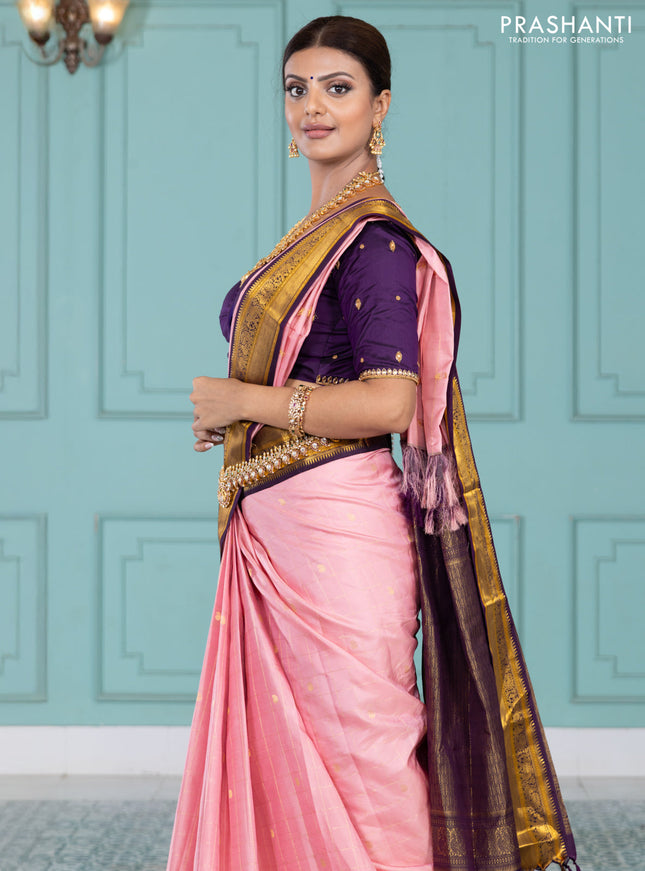 Pure kanchipuram silk saree peach pink and purple with allover zari checks & paisley buttas and elephant & annam zari woven border
