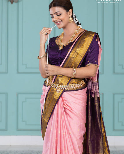 Pure kanchipuram silk saree peach pink and purple with allover zari checks & paisley buttas and elephant & annam zari woven border