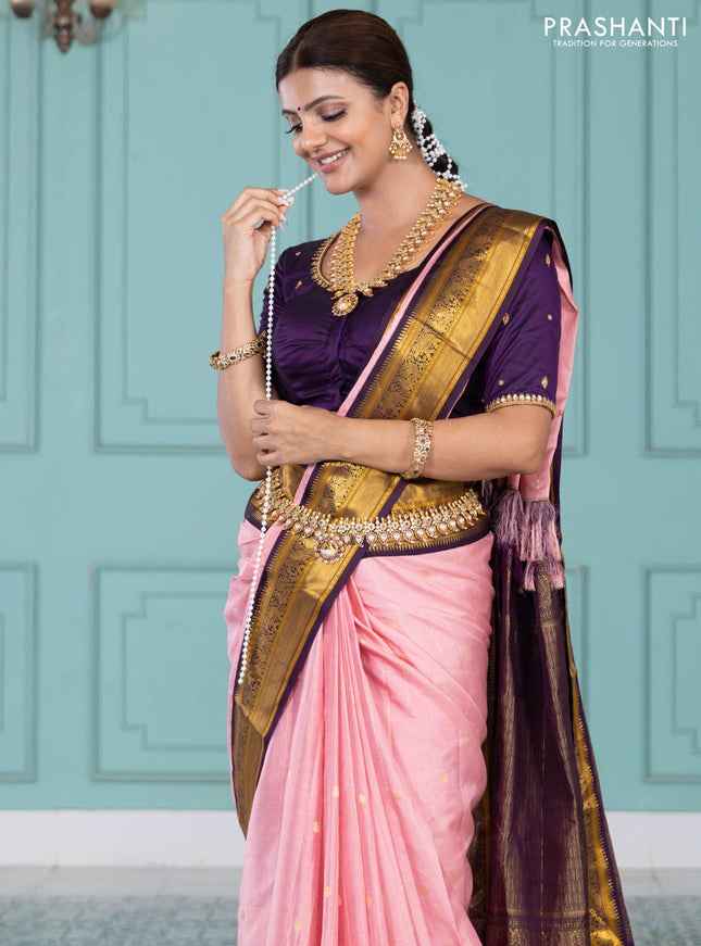 Pure kanchipuram silk saree peach pink and purple with allover zari checks & paisley buttas and elephant & annam zari woven border