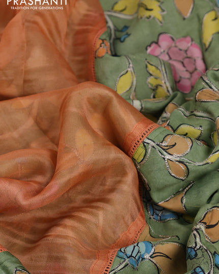 Pure organza silk saree orange and pastel green with plain body and kalamkari printed pita work border