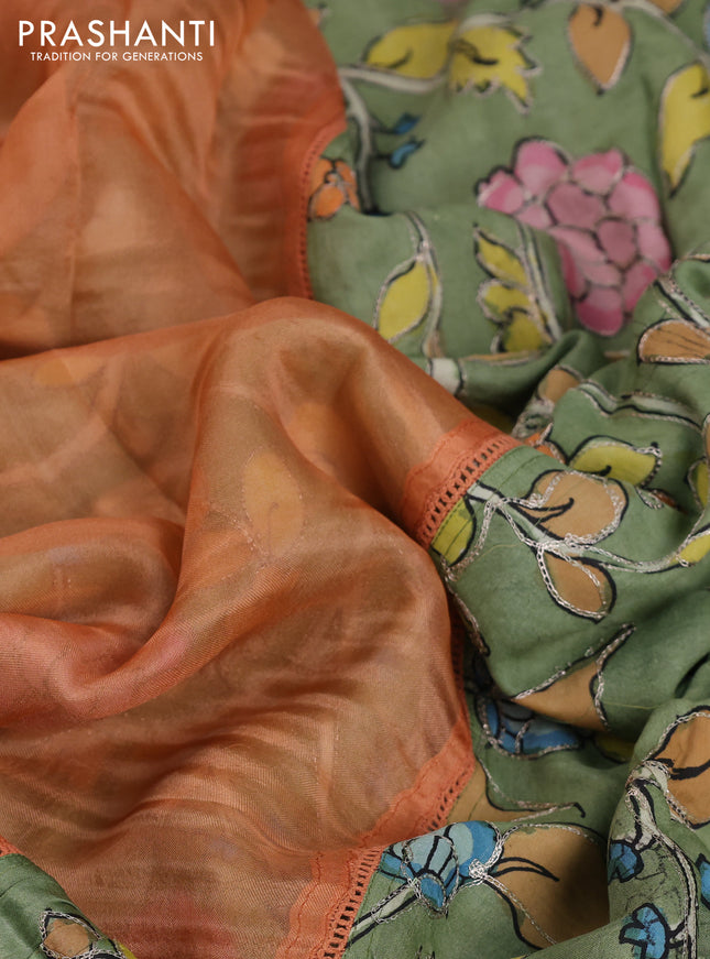 Pure organza silk saree orange and pastel green with plain body and kalamkari printed pita work border