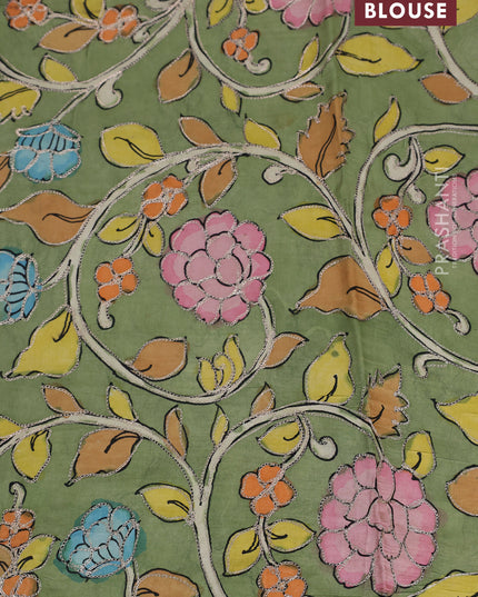 Pure organza silk saree orange and pastel green with plain body and kalamkari printed pita work border