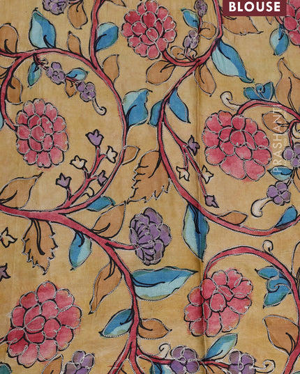 Pure organza silk saree pastel blue and sandal with plain body and kalamkari printed pita work border