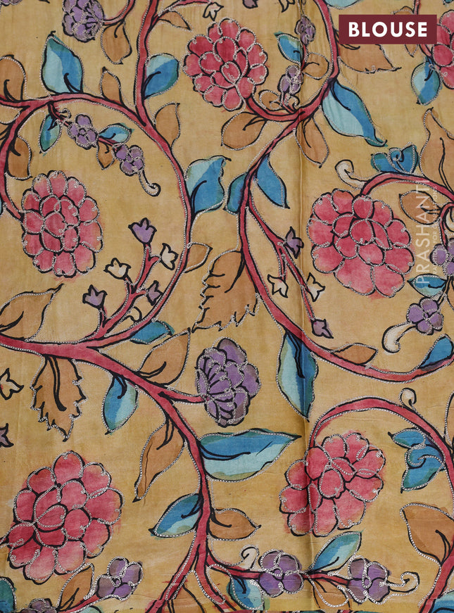 Pure organza silk saree pastel blue and sandal with plain body and kalamkari printed pita work border