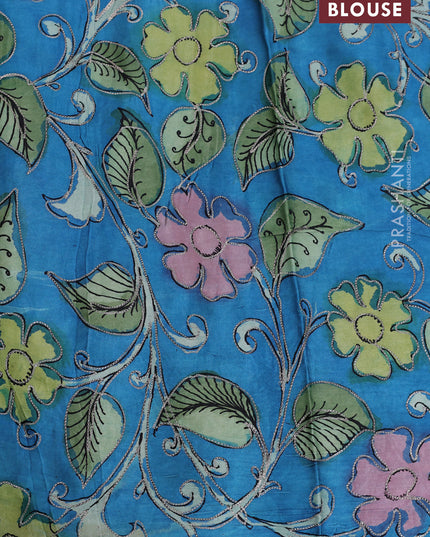 Pure organza silk saree yellow and cs blue with plain body and kalamkari printed pita work border