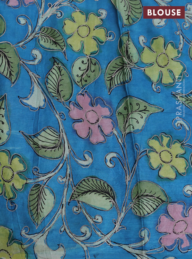 Pure organza silk saree yellow and cs blue with plain body and kalamkari printed pita work border