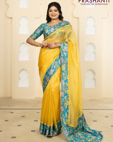 Pure organza silk saree yellow and cs blue with plain body and kalamkari printed pita work border