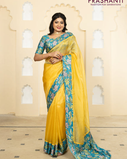 Pure organza silk saree yellow and cs blue with plain body and kalamkari printed pita work border