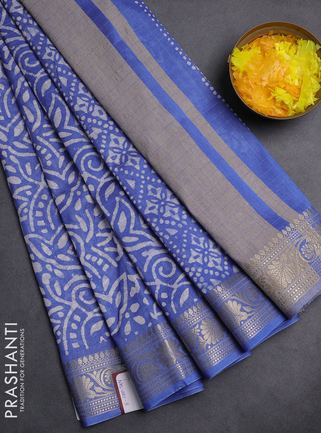 Maheshwari silk cotton saree blue with allover batik prints and zari woven border