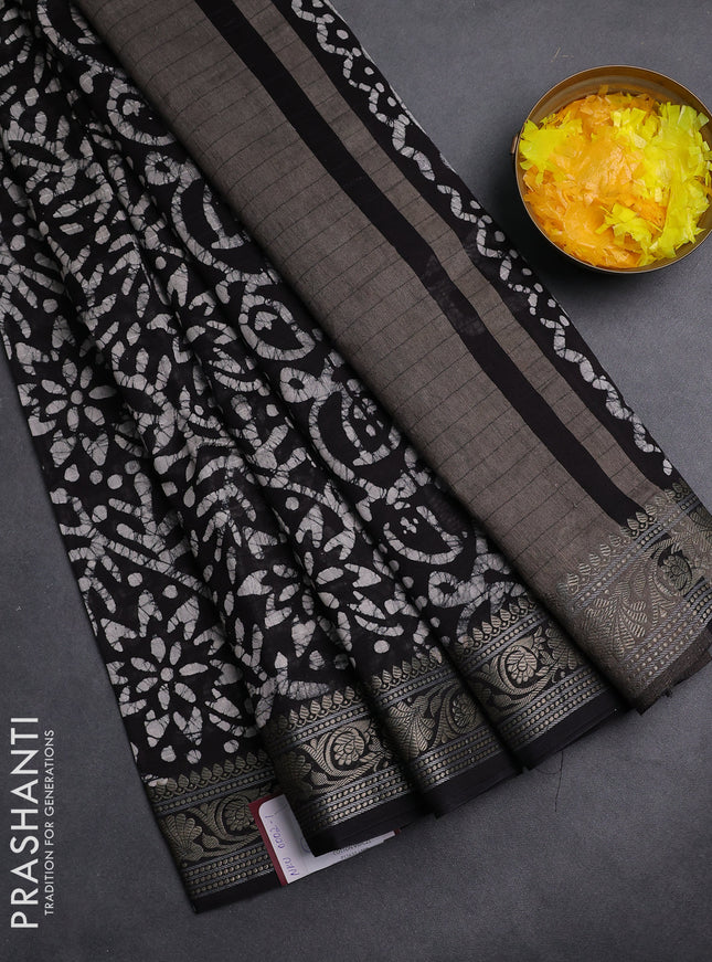 Maheshwari silk cotton saree deep coffee brown with allover batik prints and zari woven border