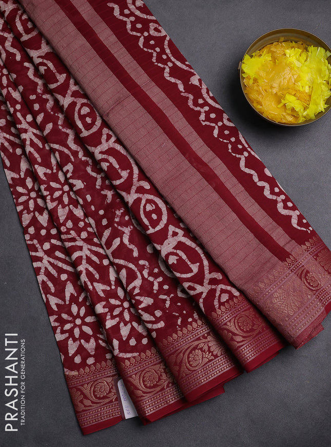 Maheshwari silk cotton saree maroon with allover batik prints and zari woven border