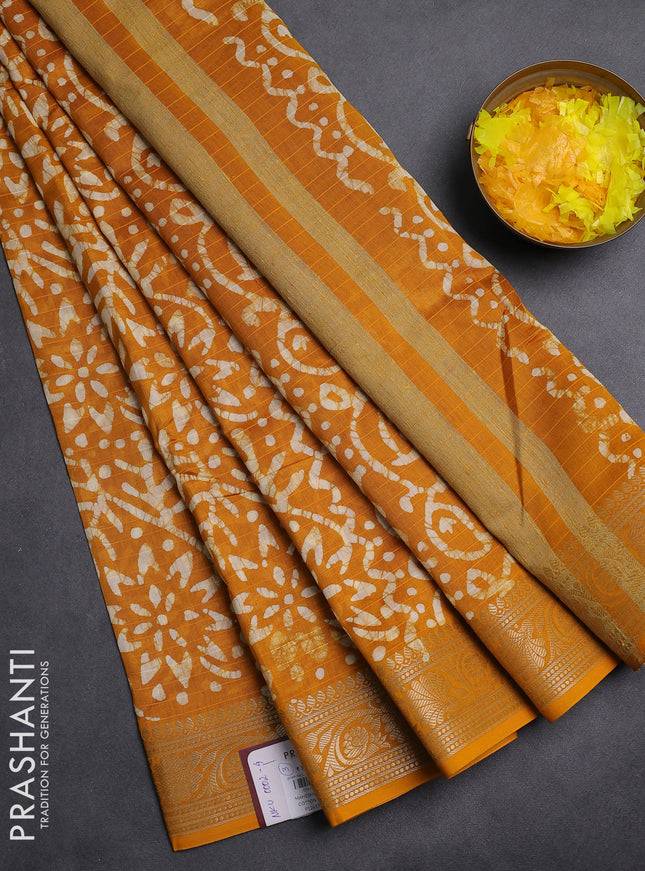 Maheshwari silk cotton saree mustard yellow with allover batik prints and zari woven border