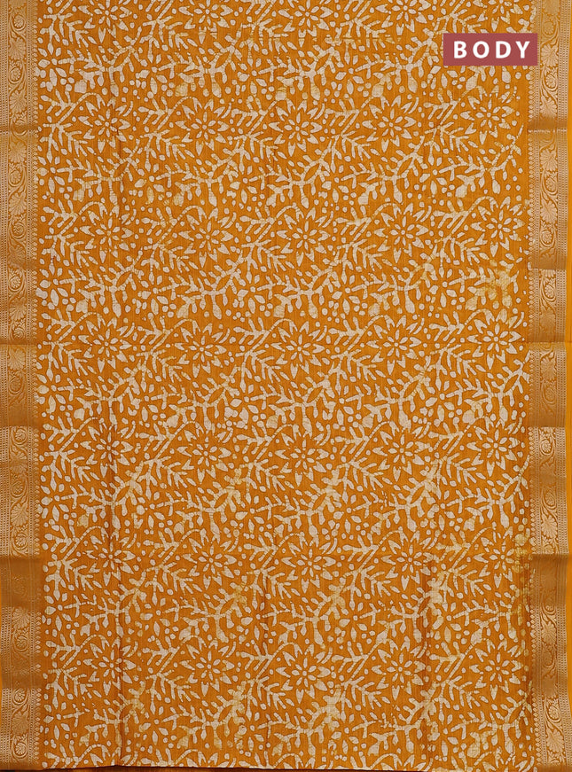 Maheshwari silk cotton saree mustard yellow with allover batik prints and zari woven border