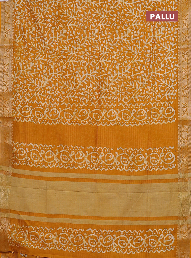 Maheshwari silk cotton saree mustard yellow with allover batik prints and zari woven border