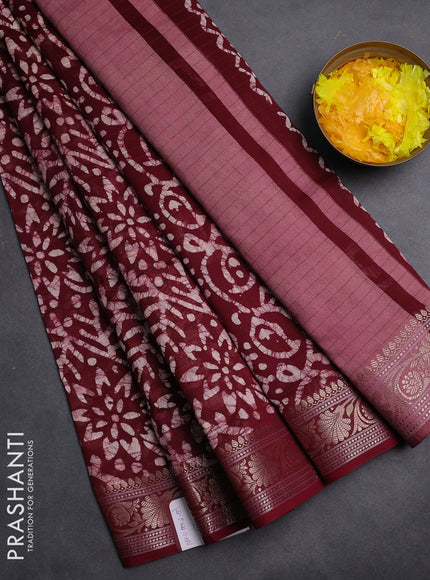 Maheshwari silk cotton saree maroon with allover batik prints and zari woven border