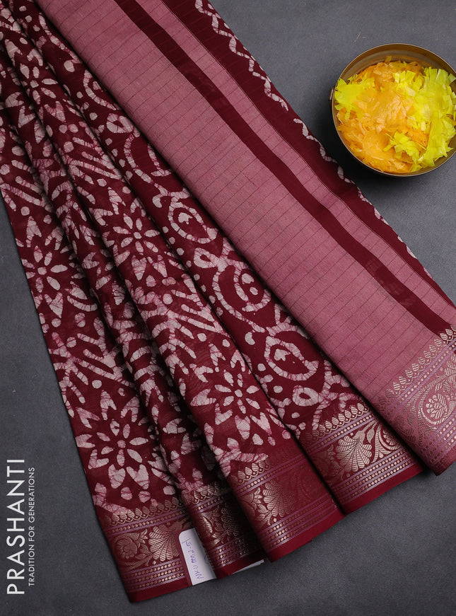 Maheshwari silk cotton saree maroon with allover batik prints and zari woven border