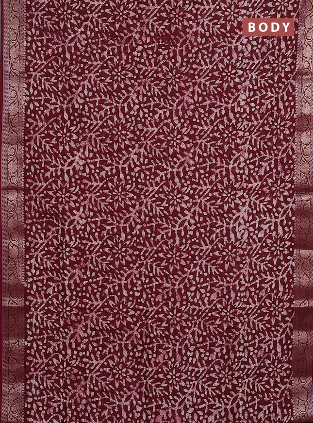 Maheshwari silk cotton saree maroon with allover batik prints and zari woven border