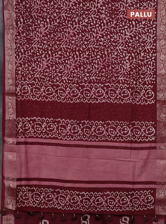 Maheshwari silk cotton saree maroon with allover batik prints and zari woven border
