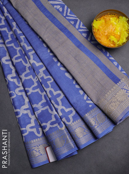 Maheshwari silk cotton saree blue with allover batik prints and zari woven border